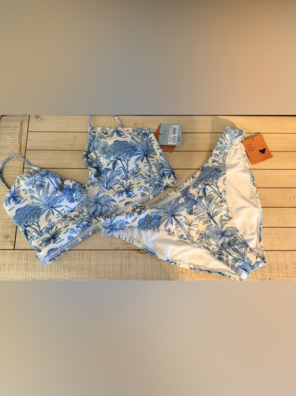 Shade & Shore Blue and White Tropical Print Bikini Set